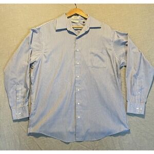 Kenneth Cole Dress Shirt Men's 17 (34-35) Blue Stripe Long Sleeve Button-Up